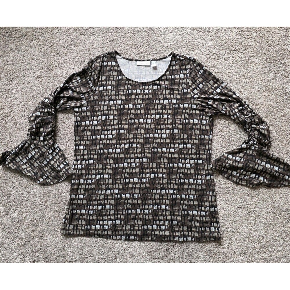Susan Graver Brushed Liquid Knit Top M Brown Abstract Ruched Bell Sleeve Medium